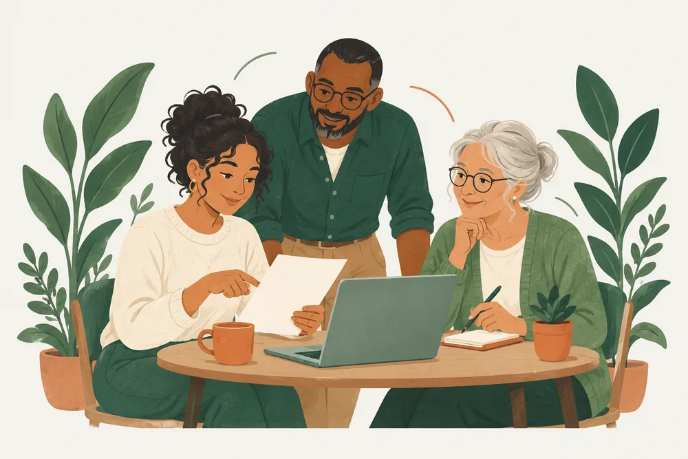Trois bénévoles réunis autour de leurs documents et d’un ordinateur, entourés de plantes.